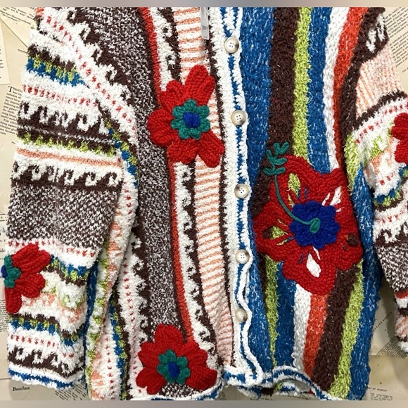 Free People Terry Towel Cardigan Chunky Floral Applique Buttons Oversized - Picture 6 of 7